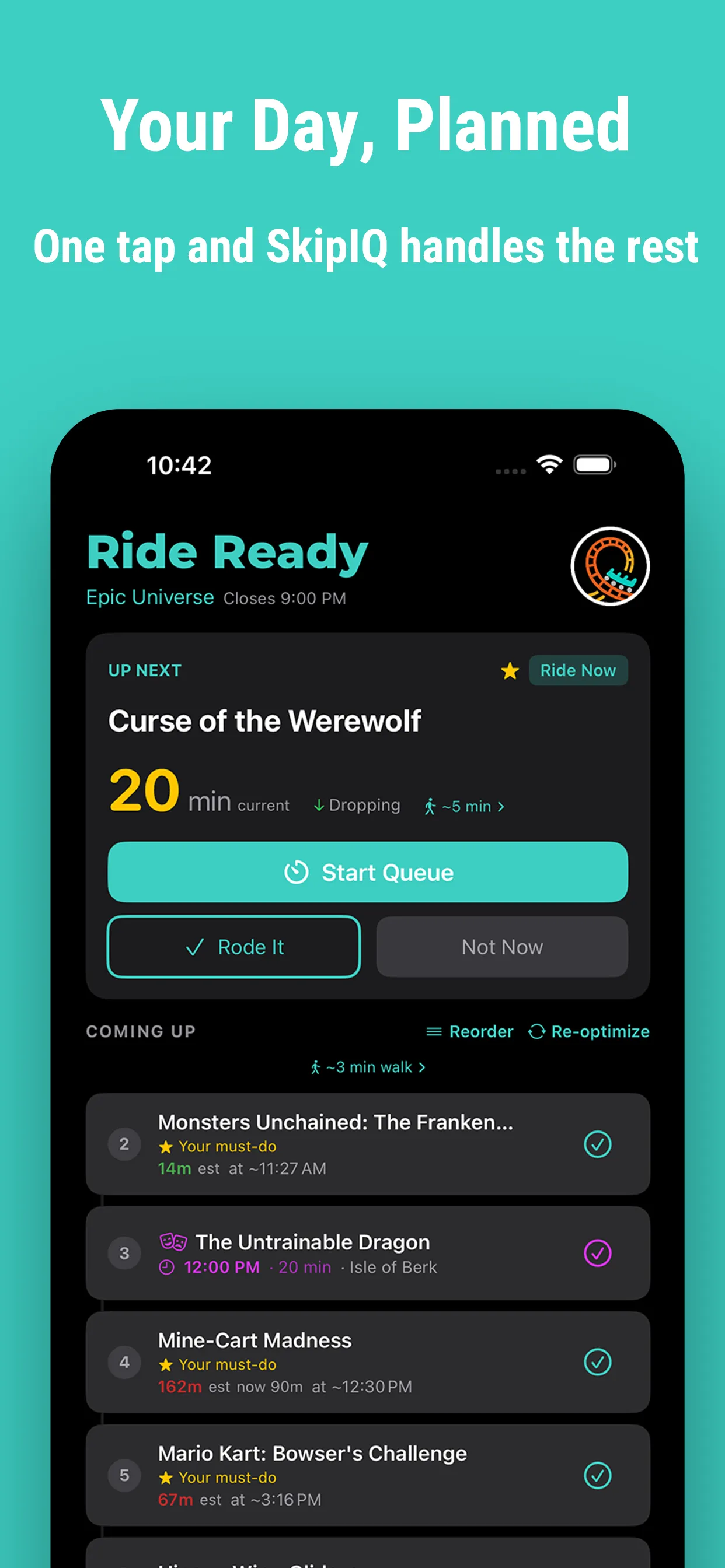 Ride Ready day plan showing Curse of the Werewolf up next, with its wait, walking time, and the rides and show to follow.