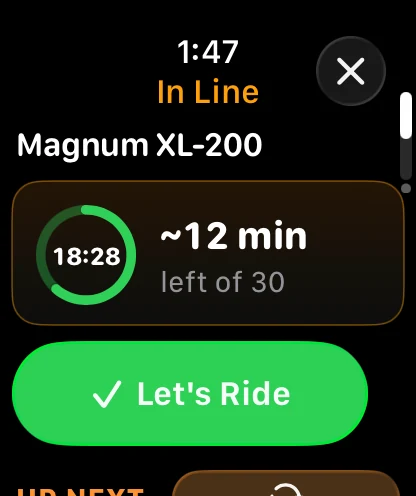 Apple Watch queue timer for Magnum XL-200 at 18 minutes 28 seconds, about 12 minutes left of 30, with a Let's Ride button.